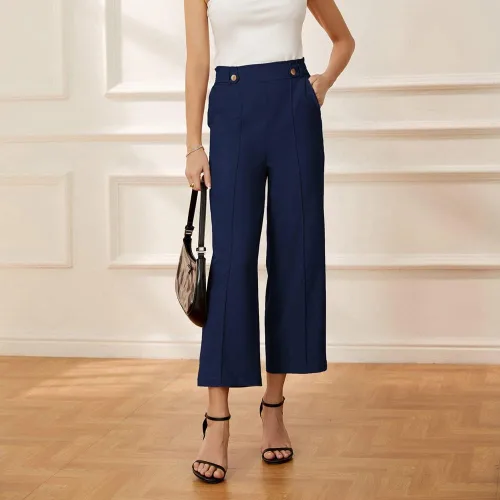 Vista 6 de GRACE KARIN Pantalones de trabajo recortados de pierna recta para mujer, cintura alta elástica, pierna ancha, pantalones casuales de negocios