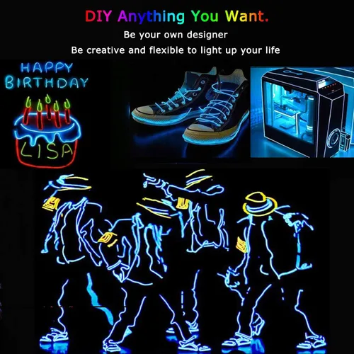 Vista 4 de JIGUOOR - Tira de luces de neón brillantes con cable EL y paquete de baterías, de 9.8 pies, 360 ° de iluminación, para bricolaje, festivales, Azul