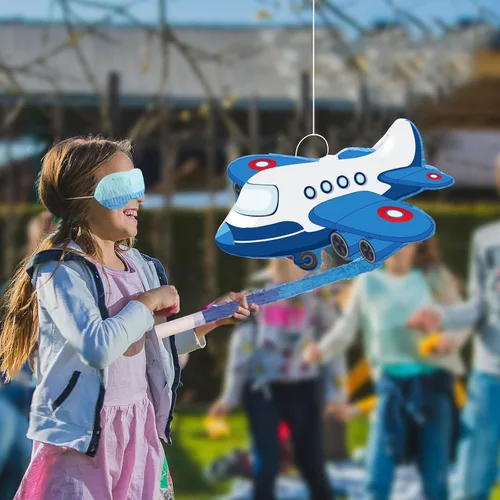Vista 6 de Piñata de avión de 16.1 x 10.31 pulgadas, piñata patriótica roja, azul y blanca con palo para los ojos vendados, confeti, fiesta de cumpleaños