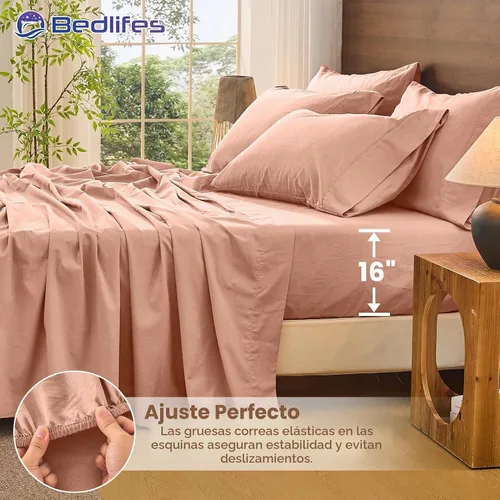 Vista 3 de Bedlifes Juego de sábanas de 100% lino francés tamaño Queen, bolsillo profundo de 16 pulgadas, 4 piezas