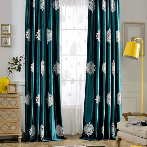 Vista 9 de VOGOL Cortinas opacas bordadas para sala de estar, paneles de cortina de terciopelo azul para dormitorio, 52 x 63 pulgadas, 2 paneles