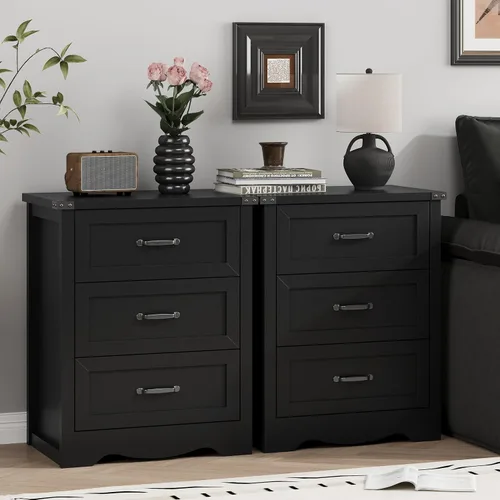 Vista 7 de Mesita de noche con 3 cajones, mesa auxiliar de 61 cm de ancho estilo granja, mesa de noche de madera rústica con asa metálica, cómoda moderna