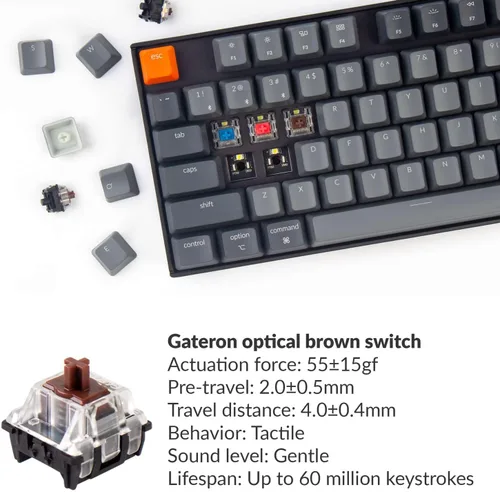 Vista 2 de Keychron Teclado mecánico inalámbrico K8 de 87 teclas sin llave intercambiable en caliente, multitarea, cable tipo C, retroiluminación LED blanca
