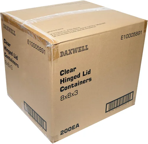 Vista 2 de Daxwell 8 x 8 x 3 pulgadas con bisagras de plástico (OPS) contenedores para llevar, E10005891 (caja de 200)