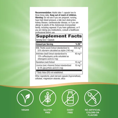 Vista 2 de Nature's Way Super Milk Thistle, promueve la función hepática saludable*, mezcla de 4 hierbas, vegano, 120 cápsulas