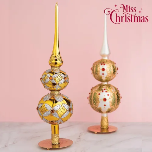 Vista 2 de Miss Christmas Palace Collection 2025 - Decoración para árbol de vidrio soplado europeo de 15.5 pulgadas (amarillo dorado clásico)