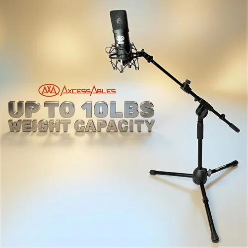 Vista 4 de AxcessAbles - Soporte corto para micrófono con brazo telescópico de 34 pulgadas, trípode de micrófono de perfil bajo para batería y amplificadores