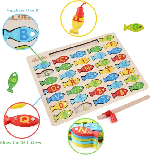 Vista 10 de Slotic Juego de pesca de madera magnético para niños pequeños – Alfabeto ABC Fish Catching Counting Aprendizaje Educación Matemáticas Preescolar