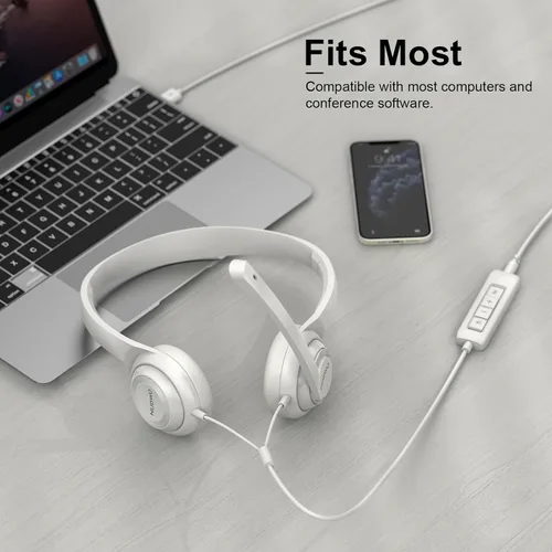 Vista 6 de NUBWO HW02 Auriculares USB para computadora con micrófono de chat transparente, auriculares ligeros con cable para equipos MS, Skype, seminarios