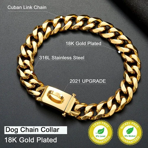 Vista 3 de Collar de cadena de oro para perros con hebilla segura de diseño, collar de metal con eslabón cubano de 18 quilates, resistente a la masticación