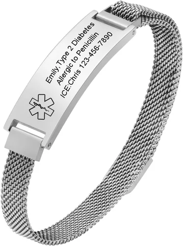 Vista 45 de VNOX Pulsera de identificación de alerta médica para hombres y mujeres, pulseras de alerta médica con grabado personalizado para mujeres y hombres