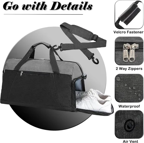 Vista 3 de Bolsas de gimnasio para mujeres y hombres con compartimento para zapatos y artículos húmedos, bolsa de lona plegable de 40 L, bolsa de lona ligera