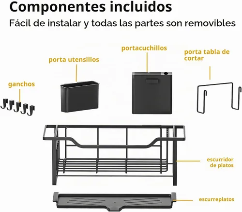 Vista 5 de AIDERLY Escurridor estrecho de platos para encimera de cocina, drenaje automático, escurridor de platos de hierro con cesta extraíble para Negro