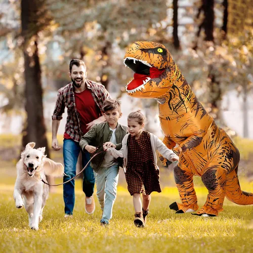 Vista 4 de HAPPYBAG Disfraz inflable de T-Rex disfraz de dinosaurio para adultos divertido disfraz de Halloween
