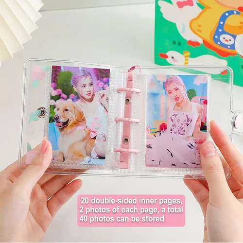 Vista 6 de 20 hojas, 40 bolsillos, 3 pulgadas, mini álbum de fotos en hojas sueltas, recargable, 3 anillos, carpeta transparente para tarjetas fotográficas