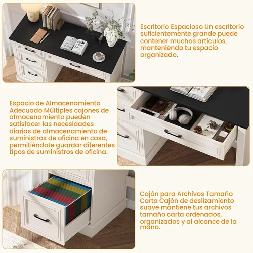 Vista 4 de Vabches Escritorio ejecutivo Farmhouse de 47 pulgadas con 3 cajones y cajón de archivos ajustable, escritorio de computadora para oficina en casa