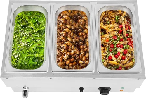 Vista 2 de DYNAMI Calentador de alimentos para bufé comercial de 110 V, mesa de vapor eléctrica grande de acero inoxidable de 3 bandejas con diseño