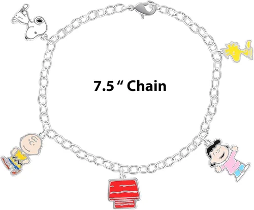 Vista 4 de Peanuts Pulsera con dije de Snoopy y sus amigos para mujer, licencia oficial, pulsera chapada en plata, regalos de Snoopy, Latón, Sin gemas.
