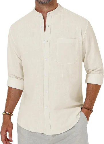 Vista 6 de Alimens & Gentle Camisas de algodón y lino para hombre, camisa de manga larga con botones, cuello de banda, camisas de playa