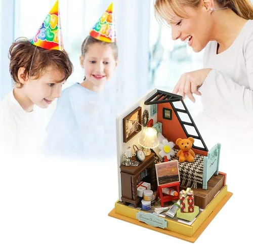Vista 6 de Kit de casa de muñecas en miniatura de bricolaje, casa de muñecas de madera con LED, kit de construcción de casa pequeña para regalo de cumpleaños
