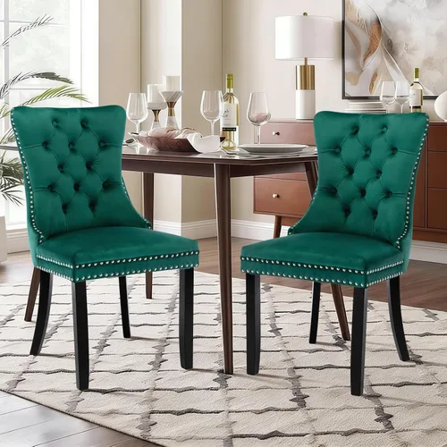 Vista 122 de Juego de 2 sillas de comedor de terciopelo con patas de madera, color beige Mid Century Modern Dining Chairs,Upholstered Chairs with Nailhead