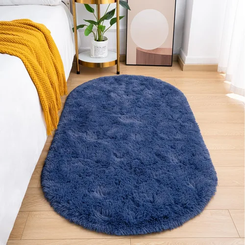 Vista 12 de Goideal - Alfombra esponjosa de dormitorio, alfombra pequeña ovalada, alfombra negra peluda para mesita de noche, ideal para habitación infantil