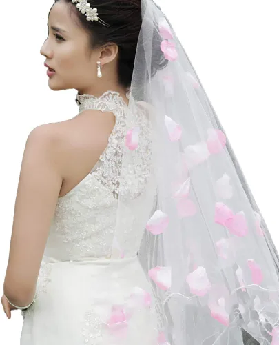Vista 2 de Haifly GSHLLO 3M - Velo de novia de malla blanca con pétalos de flores rosas