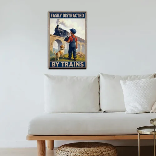 Vista 7 de Letrero de hojalata fácilmente distraído por trenes – Decoración de tren para habitación de niños y hombres – Regalos de tren para papá
