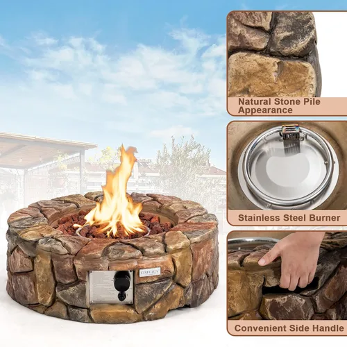 Vista 7 de Tangkula Fogata Redonda de Gas Propano de 28 Pulgadas, Patiojoy Fogata de Propano para Exteriores de 40,000 BTU con Aspecto de Piedra con Rocas