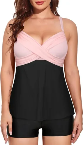 Vista 3 de Hilor Traje de baño tankini con aros para mujer, con cuello en V torcido, para busto grande, acampanado