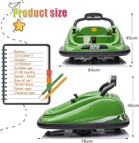Vista 3 de Coche de parachoques eléctrico para niños de 12 V, con control remoto para padres Verde