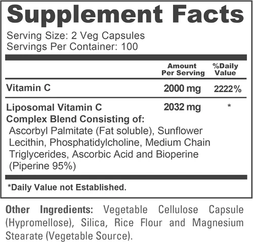 Vista 4 de NusaPure Vitamina C liposomal 2032mg - 200 cápsulas veganas vegetarianas, BioPerine - Ácido ascórbico de alta absorción