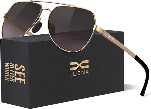 Vista 2 de Lentes para aviador Luenx polarizados, para hombres y mujeres, con armazón de metal grande, protección UV 400