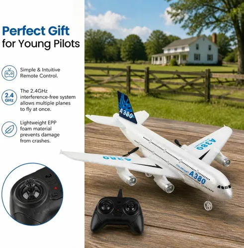 Vista 5 de Avión RC con control remoto listo para volar 2.4 GHz, modelo Airbus A380, juguete de avión RC de 2 canales para principiantes para niños y adultos