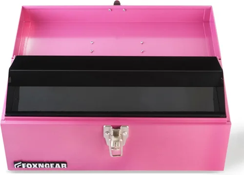 Vista 2 de Caja de herramientas portátil de acero resistente de 16" calibre 18 con pestillo de metal y mango rosa