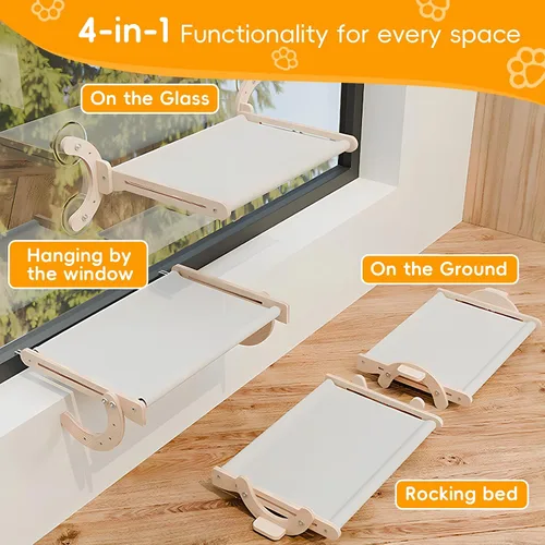 Vista 2 de 4 en 1, percha de madera para ventana de gato, cama para gatos, hamaca de roble resistente, adecuada para gatos de interior para descansar y jugar.
