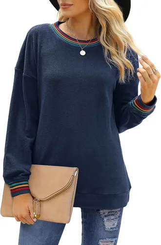 Vista 2 de WIHOLL - Suéteres de manga larga con cuello redondo y rayas arco iris para mujer, sudaderas lisas y mullidas