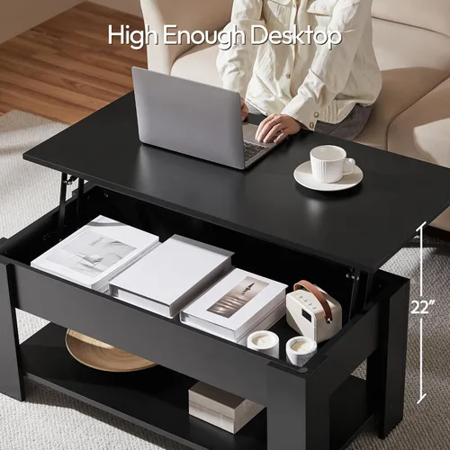 Vista 8 de Yaheetech Mesa de café de madera, mesa de centro con estante de almacenamiento oculto grande, mesa de comedor con superficie elevada para sala