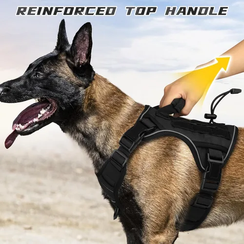 Vista 3 de WINGOIN Arnés táctico negro para perros pequeños, arnés resistente sin tirones con asa, arnés militar reflectante ajustable K9 para mascotas