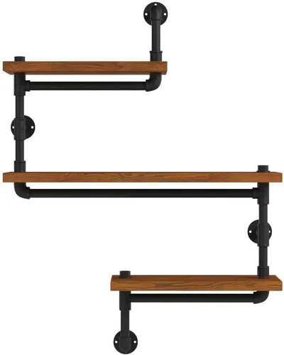 Vista 4 de Estantería de tubo industrial Pipe, madera moderna rústica, 3 estantes de pared de tubos escalonados, tubo de hierro forjado, estantería de diseño