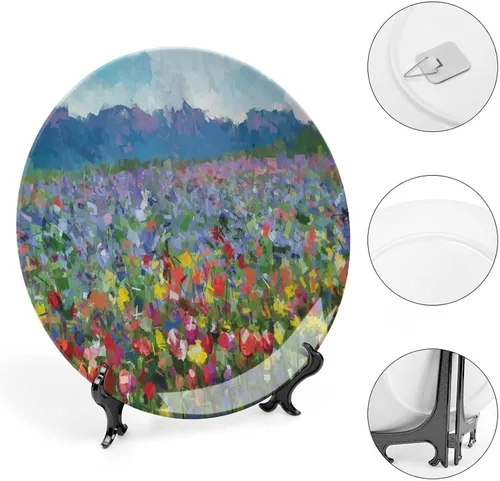 Vista 4 de Plato decorativo de porcelana redonda de 6 pulgadas, paisaje rural con ramo de flores de tulipán, prado de primavera, placa de exhibición para mesa