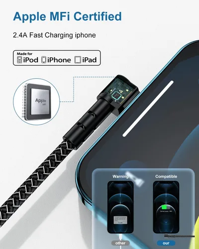 Vista 2 de Paquete de 3 cargadores de iPhone de 90 grados de 6 pies, cable de carga de nailon en ángulo recto de 6 pies para Apple iPhone, certificado MFi