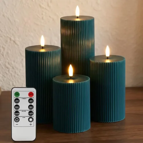 Vista 10 de Velas de pilar sin llama acanaladas blancas con control remoto, velas LED parpadeantes de cera que funcionan con pilas, juego de 2