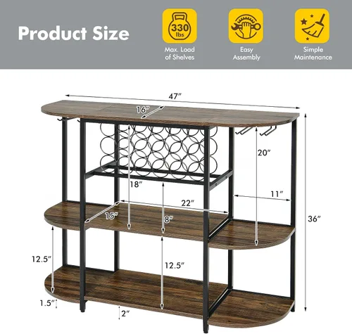 Vista 3 de LOKO Mesa de estante para vinos, gabinete industrial de bar de vino de 47 pulgadas con estante para vino y soportes para vidrio, gabinete