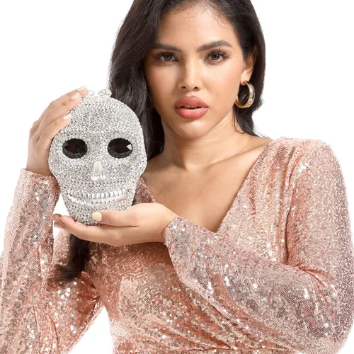 Vista 8 de Boutique De FGG Bolso de mano de cristal de calavera para mujer, bolso de mano de noche con diamantes de imitación, para fiesta, graduación