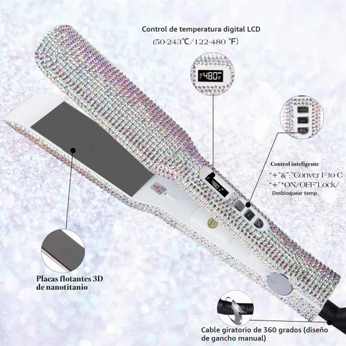 Vista 2 de DORISILK Crystal Diamond - Plancha de pelo de titanio, plancha plana de diamantes de imitación de 2 pulgadas, plancha alisadora de doble voltaje