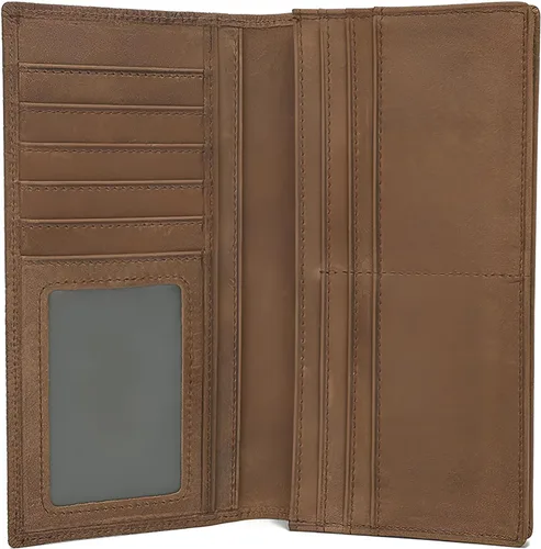 Vista 8 de Cartera larga para hombre, doble pliegue, piel de vaca de grano superior, estampado de cocodrilo, múltiples ranuras para tarjetas., Marrón, Vogue