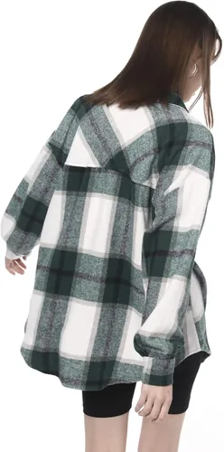 Vista 6 de ZAFUL Camisa de manga larga a cuadros para mujer, mezcla de lana con botonadura, chaqueta fina, blusa casual con bolsillo.
