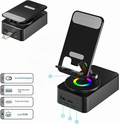 Vista 4 de Soporte para teléfono celular con altavoz Bluetooth inalámbrico, LED, base antideslizante, sonido envolvente HD, perfecto para el hogar/exterior