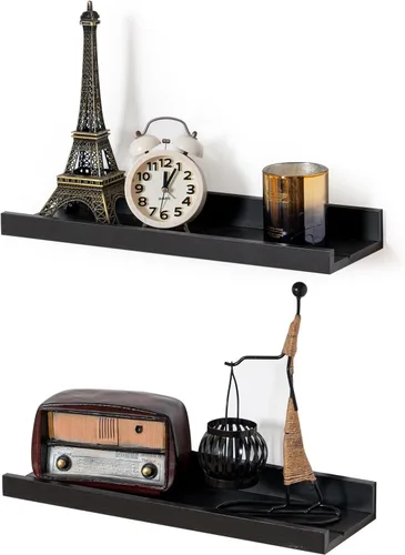 Vista 23 de Muzilife Estantes Flotantes de Pared Pequeños de 12" con Borde - Juego de 2 Estantes Flotantes de Madera - Repisa Negra Montada en Pared